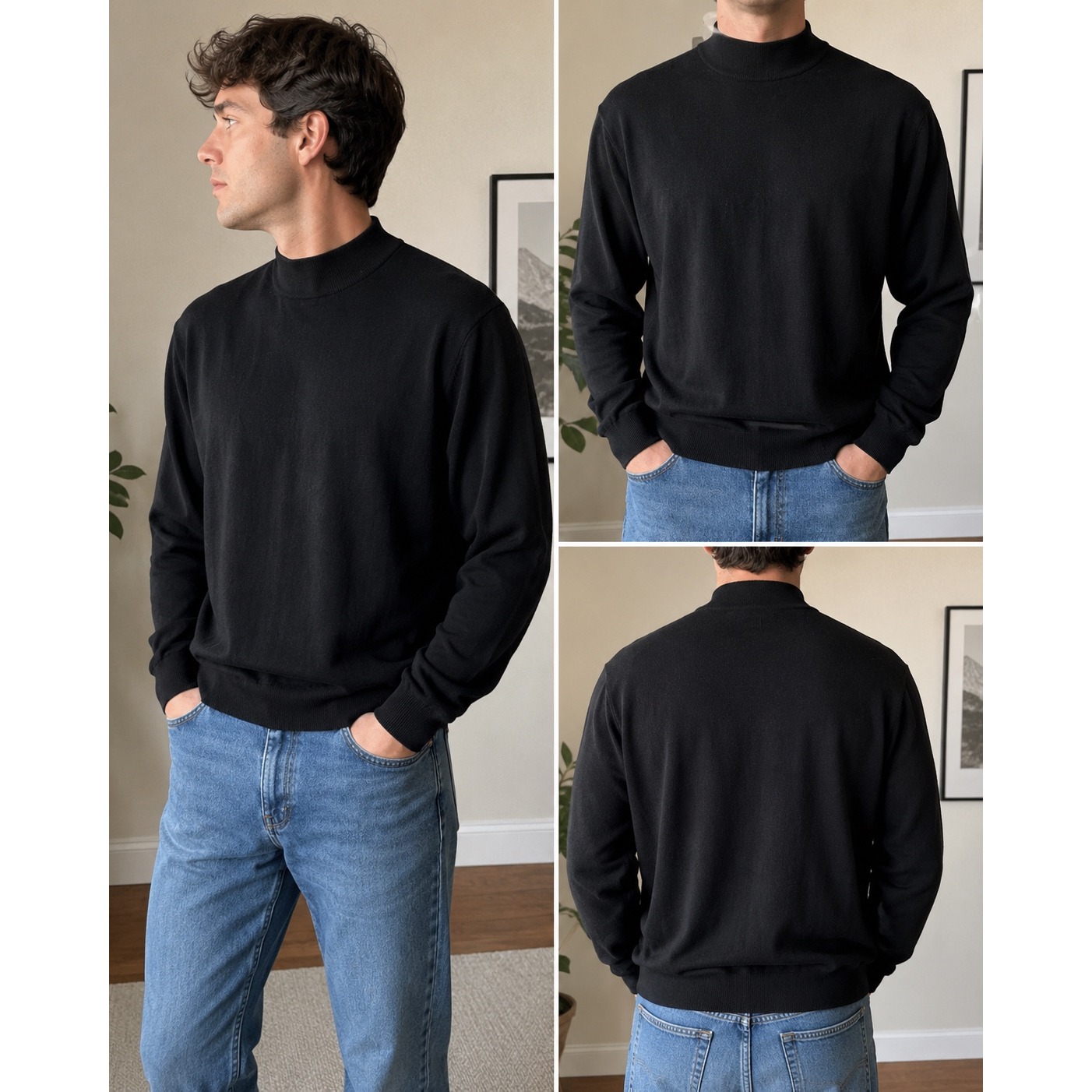 Marconi Le Collezioni Men's Large Black Merino Wool Mock Neck Sweater Made Italy